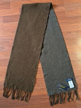 Polo Ralph Lauren Scarf Italy Wool Fringe Scarf Brown Houndstooth Logo